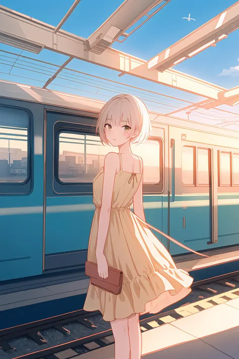 (best quality, masterpiece, highres),1girl,solo,buzz cut,summer skirt,sundress,facing viewer,train station,cigarette,
<lora:a beam of light_v1.04:1>,light rays,