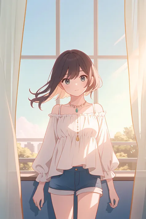 (best quality, masterpiece, highres),1girl,solo,curtained hair,summer jewelry,shorts,staring,museum,teacup,
<lora:a beam of light_v1.04:1>,light rays,