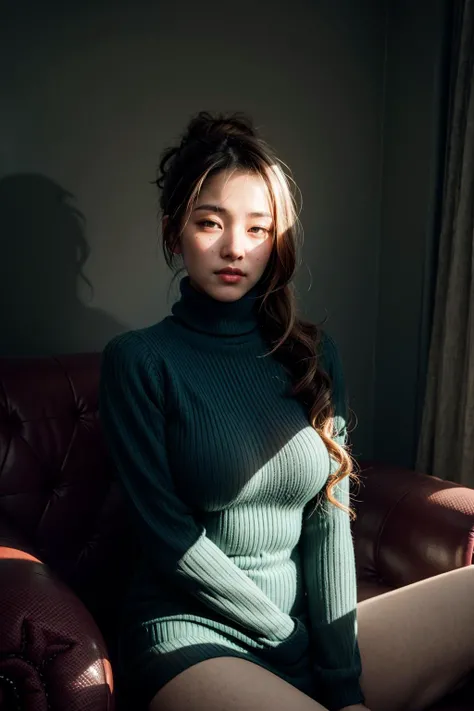 (realistic:1.3), finely detailed, quality, rembrandt lighting, (masterpiece:1.2), (photorealistic:1.2), (best quality), (detailed skin:1.3), (intricate details), dramatic, ray tracing, 1girl, japanese girl, 21 years old, detailed skin texture, (blush:0.5), (goosebumps:0.5), subsurface scattering, smiling, medium breasts, updo hair, bangs, hair between eyes, turtleneck sweater dress, knit sweater, cowboy shot, sitting, (indoors, sofa, living room, light rays, dark, shadow), <lora:a beam of light_v1.04:1>
