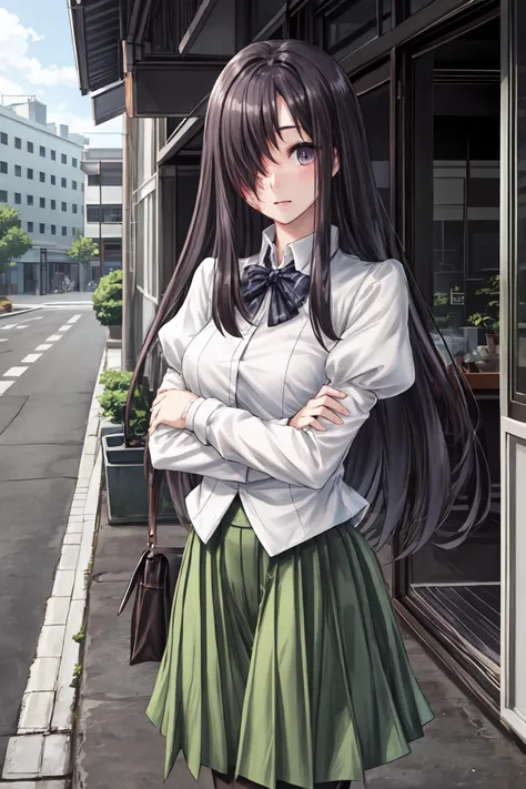 (masterpiece:1.2), ultra detailed, <lora:HanakoIkezawa:0.7>, hanakoikezawa, school uniform, burn, hair over one eye, black thights, looking at the viewer,sunlight, street, shops, <lora:Adddetail:0.7>, looking at the viewer, best quality