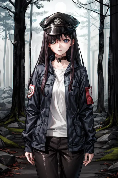 (masterpiece:1.2), ultra detailed, <lora:HanakoIkezawa:0.85>, hanakoikezawa, burn, avoiding eye contact, hair over one eye, main outfit, black hat , ((dark forest:1.2)), fog,blue jacket, black pants, moonlight, night, best quality, <lora:Adddetail:0.8>