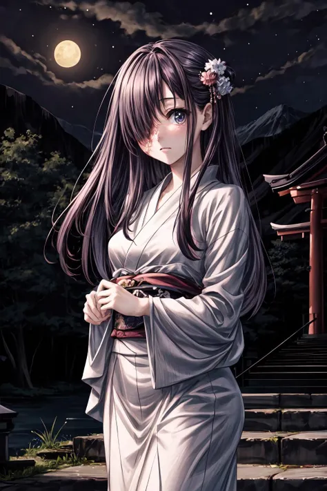 (masterpiece:1.2), ultra detailed, <lora:HanakoIkezawa:0.7>, hanakoikezawa,  burn, hair over one eye, kimono, close, stairs, japanese temple, mountain, forest, Torii, best quality, milky_way, ((night)), <lora:Adddetail:0.7>, looking at the viewer, <lora:Adddetail:0.7>, <lora:Beautifuleyes:0.5>