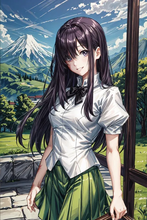 (masterpiece),(best quality), <lora:HanakoIkezawa2:0.85>, ikezawa hanako, solo, burn mark, burn scar, scar, hair over one eye, school uniform, black bow, shirt, short sleeves, green skirt, smile, shy, head down, japanese castle, close, outside, persistent stare, mountain, looking at the viewer, <lora:Adddetail:0.8>
