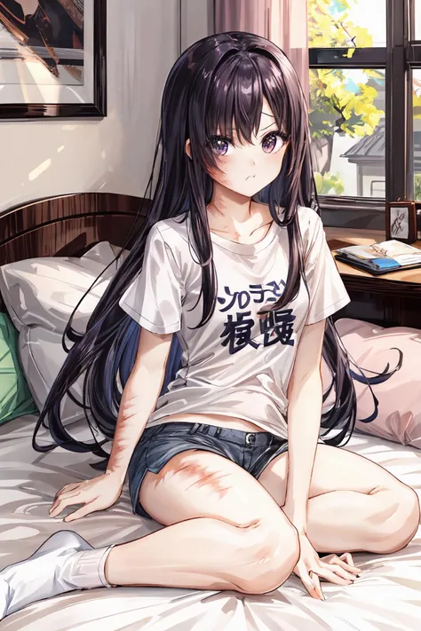 (masterpiece),(best quality), <lora:HanakoIkezawa2:0.75>, ikezawa hanako, solo, :t, burn mark, burn scar, scar, hair over one eye, small shorts, t-shirt, pout, white socks, bedroom, sitting, bed, <lora:Adddetail:0.7>, looking at the viewer,