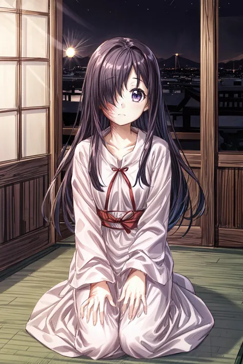 (masterpiece),(best quality), <lora:HanakoIkezawa2:0.85>, ikezawa hanako, solo, burn mark, burn scar, scar, hair over one eye, nightgown, seiza, japanese house, living room, meditation, <lora:Adddetail:0.8>, looking at the viewer