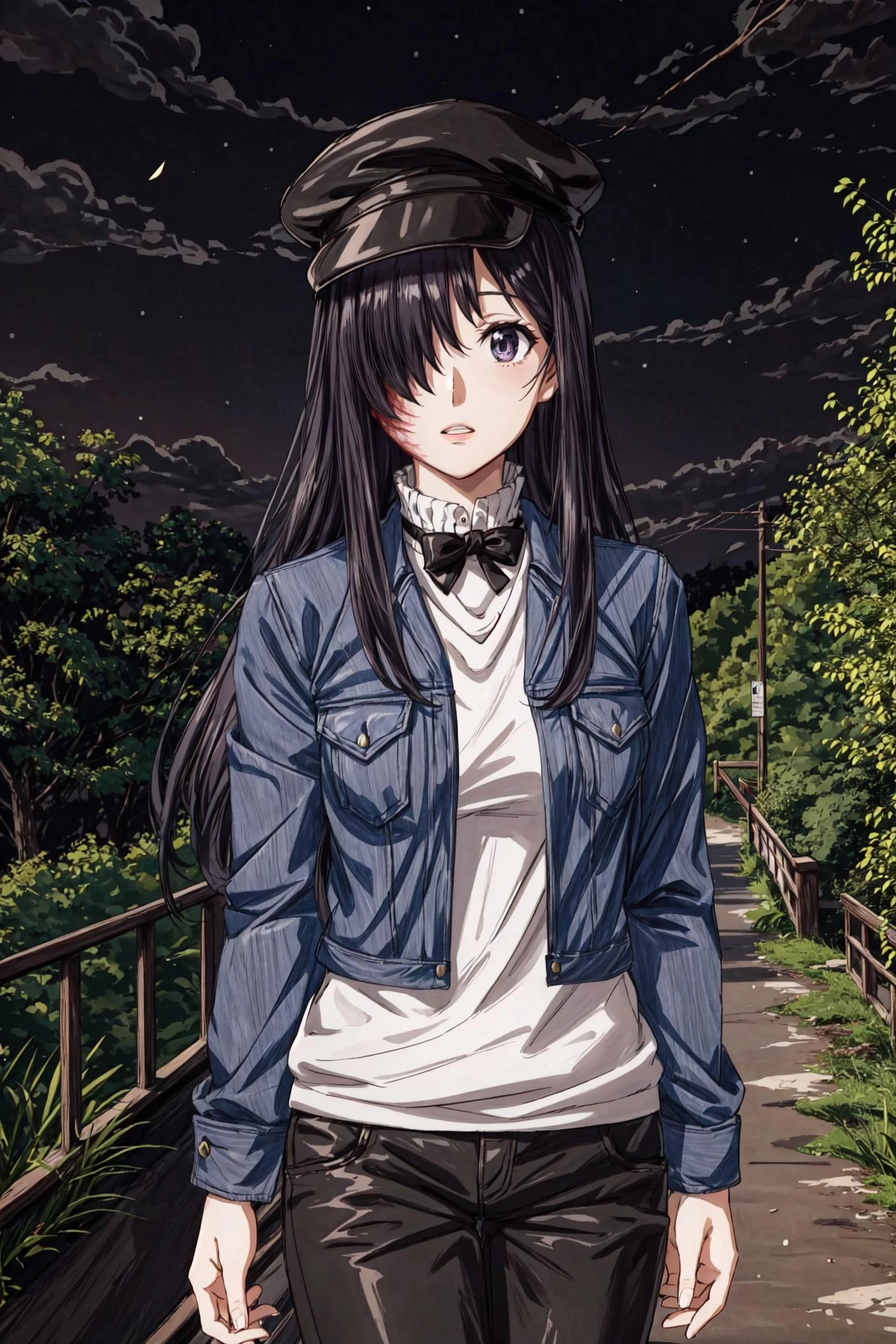 (masterpiece),(best quality), <lora:HanakoIkezawa2:0.85>, ikezawa hanako, burn mark, burn scar, scar, hair over one eye, casual outfit, berret, black bowtie, jacket, pants, dirt road, bare tree, bush, (night), fog, mist, forest, nature, scenery, solo, standing, tree,<lora:Adddetail:0.8>