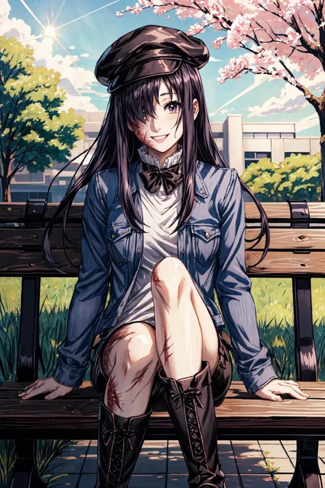 (masterpiece),(best quality), <lora:HanakoIkezawa2:0.85>, ikezawa hanako, burn mark, burn scar, scar, hair over one eye, casual outfit, berret, black bowtie, jacket, bench, sitting, park, shorts, boots, sakura, promenade, smile, sun, sunlight, <lora:Adddetail:0.7>