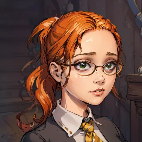 (masterpiece, best quality, high resolution), 1girl, glasses, face focus, orange hair, green eyes, freckles, solo, school uniform, ponytail, simple background, <lora:siserg-000007:1>