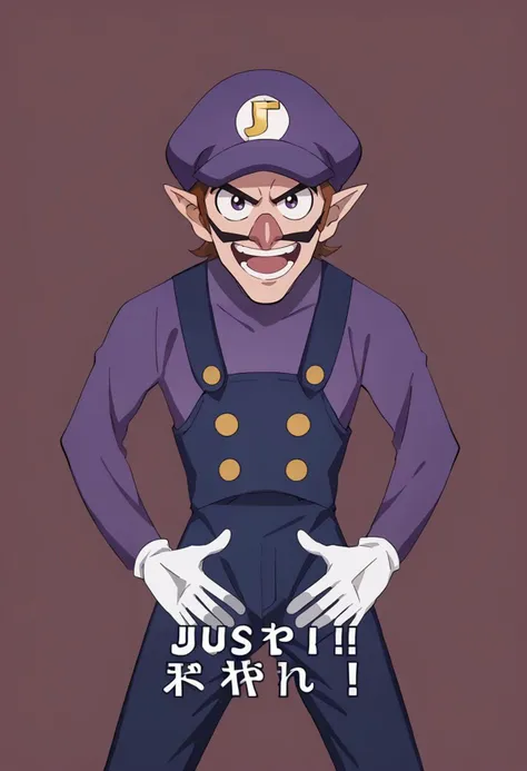 <lora:anipony_XL:0.5>, score_9, score_8_up, score_7_up, solo, source_anime, uncensored, anime screenshot, flat coloring, rating_safe, <lora:ChamWaluigiPonyXL:0.8> waluigi, mustache, 1boy, teeth, hat, gloves, brown hair, pointy ears, white gloves, overalls, smile, long sleeves, purple headwear with backwards L, grin, open mouth, purple shirt, pants, <lora:JustDoIt_XLPD:0.9> JustDoItMeme, open mouth, looking at viewer, smiling with mouth open, simple background, parody