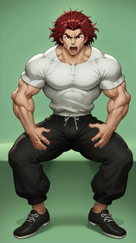 <lora:Char-YujiroHanma-pony:0.8> YujiroHanma, 1boy, male focus, solo, muscular male, pants, pupils, brown eyes, black footwear, red hair, manly, veins, <lora:JustDoIt_XLPD:1> JustDoItMeme, open mouth, looking at viewer,spread legs, Greenscreen,, score 9, score 8 up, score 7 up, score 6 up, score 5 up, score 4 up,