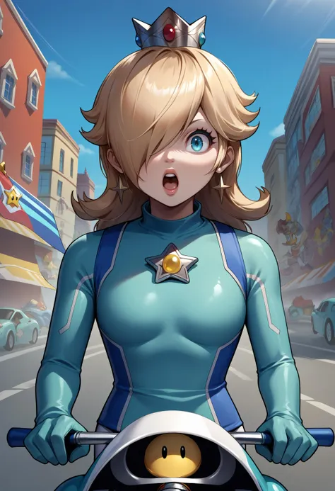 score_9, score_8_up, score_7_up, source_anime, riding a motorcycle:1.3, blue motorcycle, handlebar, headlight, windshield:1.3, glass, windscreen <lora:Rosalina_XLPD:1> RslnBiker, upper body, hair over one eye, biker clothes, bikesuit, crown, bodysuit, gloves, holding_handlebars, riding, JustDoItMeme, open mouth, looking at viewer, parody, <lora:JustDoIt_XLPD:.49>, facing viewer, apart, street, mario kart, go-kart, surprised, bomb, power-up,