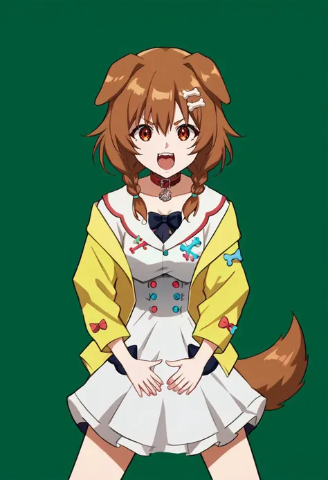 <lora:anipony_XL:0.5>, score_9, score_8_up, score_7_up, solo, source_anime, uncensored, anime screenshot, flat coloring, rating_safe, <lora:koroneXL:0.8> korone_base, yellow jacket, white dress, off shoulder, animal collar, low twin braids, bone hair ornament, dog tail, BREAK beautiful woman, detailed hair, standing, excited with mouth open, <lora:JustDoIt_XLPD:1.2> JustDoItMeme, open mouth, looking at viewer, simple background, parody, green background