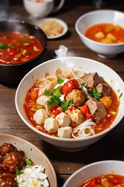 food, anime, illustration, line art, 1 bowl of bakso meatballs and noodles food with sambal chilli spicy on wooden table, hot steam, details, softfocus, realistic, blurry background, <lora:ARWbakso:1>