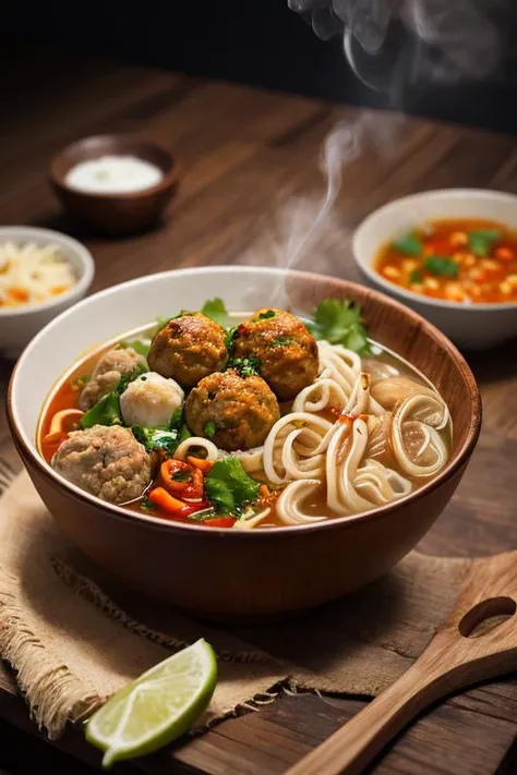 food, photography, 1 bowl of bakso meatballs and noodles food with sambal chilli spicy on wooden table, hot steam, details, softfocus, realistic, blurry background, <lora:ARWbakso:1>