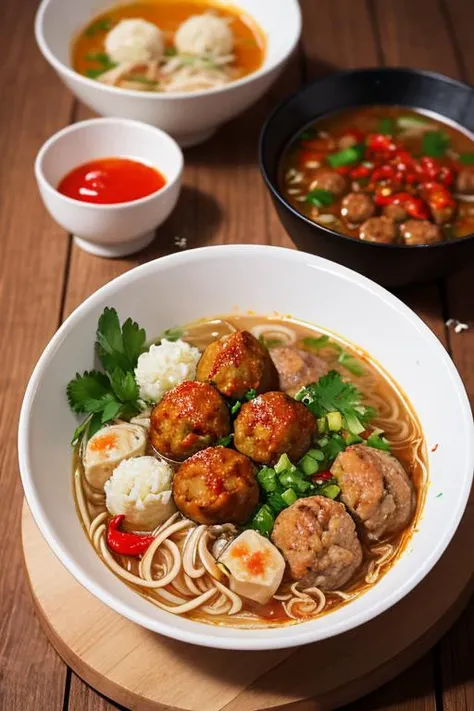 food, anime, illustration, line art, watercolor style, 1 bowl of bakso meatballs and noodles food with sambal chilli spicy on wooden table, hot steam, details, softfocus, realistic, blurry background, <lora:ARWbakso:1> <lora:IrisCompietStyle:1>