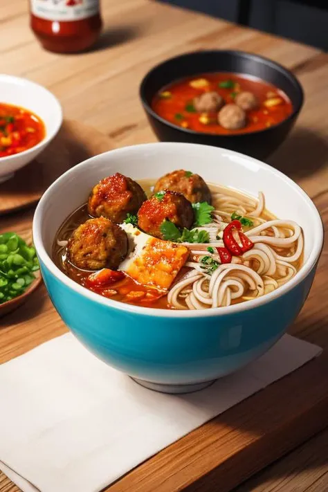 food, anime, illustration, line art, watercolor style, 1 bowl of bakso meatballs and noodles food with sambal chilli spicy on wooden table, hot steam, details, softfocus, realistic, blurry background, <lora:ARWbakso:1> <lora:IrisCompietStyle:1>