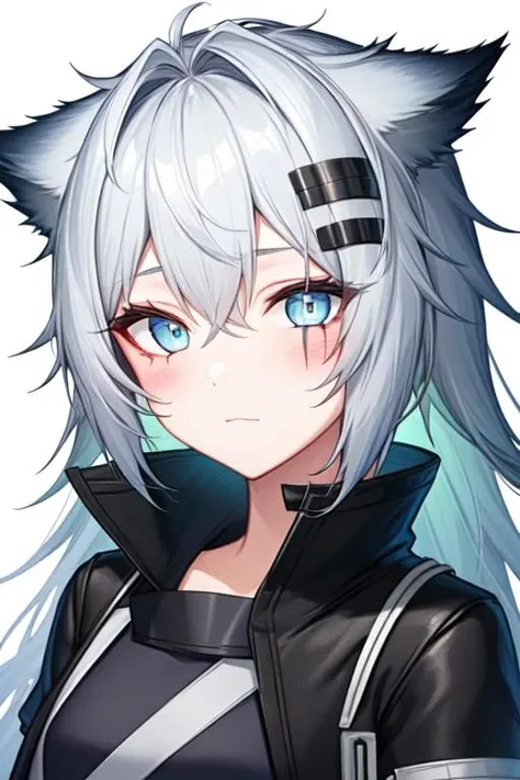 lappland (arknights), solo, 1girl, white background, simple background, looking at viewer, upper body, hairclip, blush, black jacket, closed mouth <lora:lappland:1>
