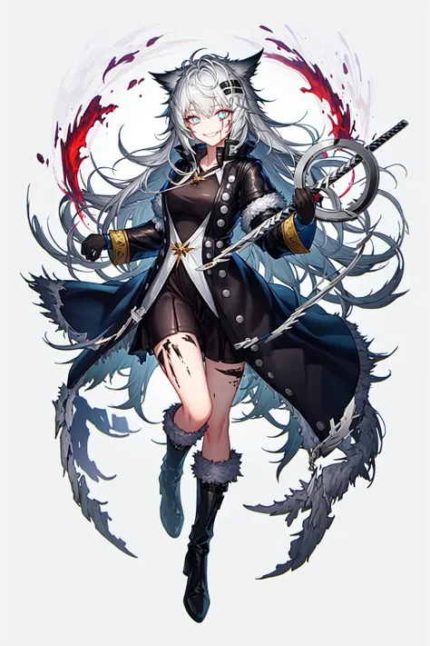 lappland (arknights), lappland (refined horrormare) (arknights), 1girl, boots, weapon, black footwear, sword, solo, holding weapon, holding, holding sword, hairclip, blood, black gloves, looking at viewer, black dress, black coat, smile, blood on face, full body, knee boots, white background, high heels <lora:lappland:1>