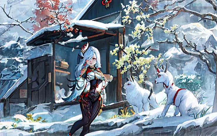 Shenhe (genshin impact ), shenhe, whitehair, cryo, lyue, big chest, whole body, digital art, semirealism, semirealistic, genshinimplact, genshin_ impactshenhe_ genshin,shenhegenshinimpact,(large breasts), full body, (masterpiece, best quality, ultra-detailed, highres), (sidelighting, lustrous skin), (bloom), (shine), lighting, bokeh, ray tracing, long hair, white hair, braid hair ornament, underboob cutout, chinese clothes , silver eyes , hair over one eye, (hair ornament) ,white chinese breast curtain, tassel earpiece, high heels, floating ice, ((snow)), sprint water, trees, flower, shenhe \(genshin impact\), lace pantyhose, <lora:shenheLoraCollection_shenheMedium:0.6>, <lora:waterVFX:0.8>, whirlwind of water