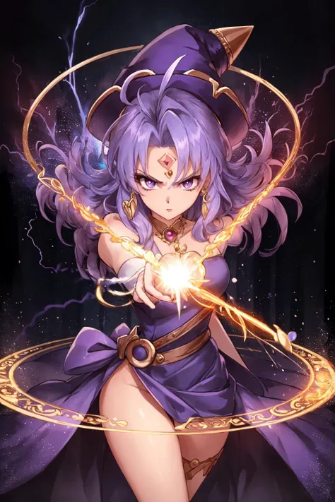masterpiece, solo, 1girl,  CelineJules <lora:CelineJules:0.8> casting spell, serious, purple dress, forehead mark,  jewelry, hat, magic circle, abstract background, light swirling, lightning magic, dynamic pose