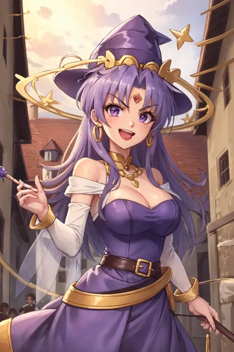 masterpiece, solo, 1girl, CelineJules <lora:CelineJules:0.8> casting spell, serious, purple dress, forehead mark, jewelry, hat, in a medieval city, laughing