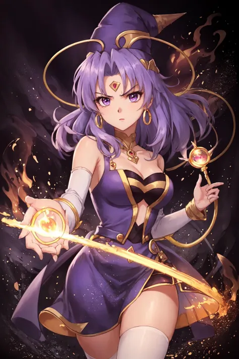 masterpiece, solo, 1girl,  CelineJules <lora:CelineJules:0.8> casting spell, serious, purple dress, forehead mark,  jewelry, hat, magic circle, abstract background, light swirling, fire magic, dynamic pose