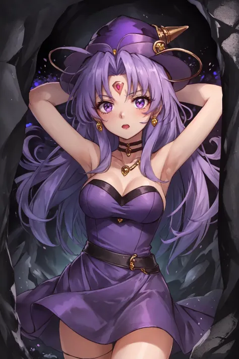 masterpiece, solo, 1girl, CelineJules <lora:CelineJules:0.8>, scared, purple dress, forehead mark, jewelry, hat, in a cavern, dark scene,