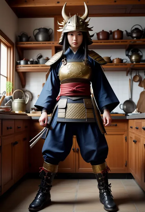 (medium full shot) of (ineffable young woman:1.1) japanese samurai, black hair, straight hair,  brown eyes, slender,             wearing a samurai armor, Scale armor cuirass with phoenix design, silk samue pants, metal kabuto helmet with intricate dragon ornamentation, lacquered leather zeta boots, wielding a dai katana, surprised, open mouth, pointing her finger at the viewer,  .set in  Kitchen Area, Functional space with a low hearth for cooking, hanging pots and pans, wooden chopping boards on a counter, kettle simmering on a stove, shelves stocked with rice, spices, cooking utensils , ,Masterpiece,best quality, photorealistic, amazing quality, very aesthetic, extremely detailed face,