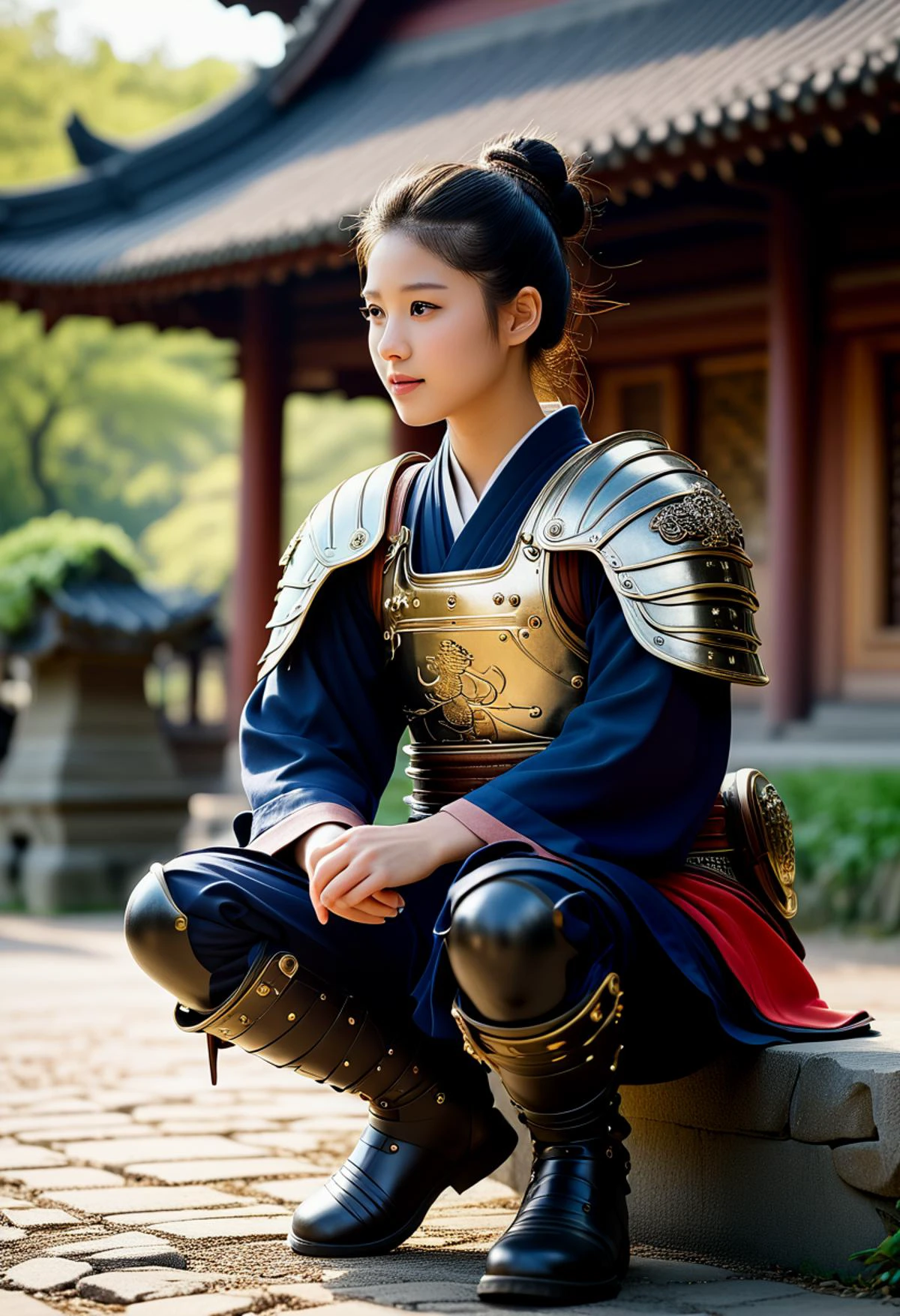 (medium full shot) of (ethereal young woman:1.1) chinese samurai, black hair, hairbun, brown eyes, petite, wearing Lamellar armor cuirass with lion motif, leather shin guards, leather tabi boots, iron helmet with neck guard, katana laughing, squatting, .set in Temple Grounds, Serene garden with gravel paths, stone lanterns, lush foliage, wooden benches for meditation, small pagoda housing religious relics , at sunset, ,Masterpiece,best quality, photorealistic, amazing quality, very aesthetic, extremely detailed face,