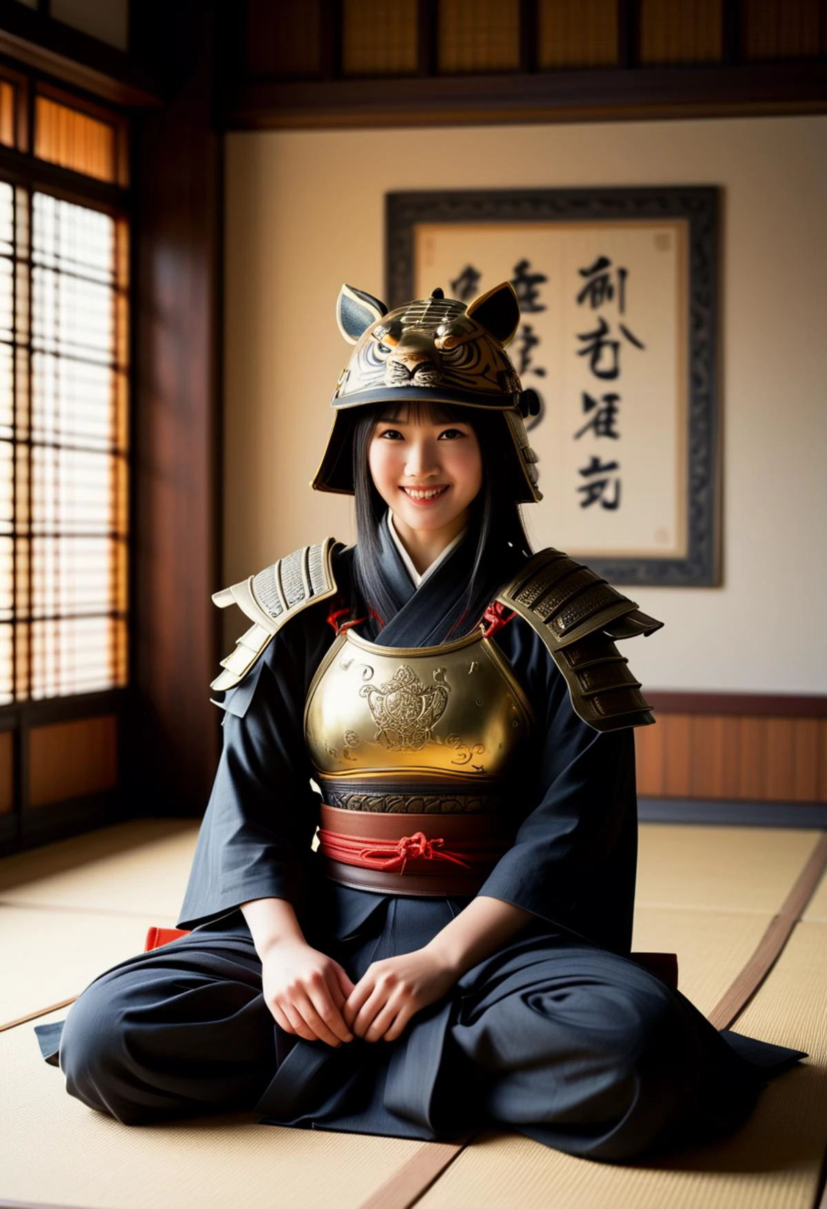 (medium full shot) of (otherworldly young woman:1.1) chinese samurai, black hair, straight hair,  brown eyes, curvy,             wearing a samurai armor, Leather chest armor with tiger motif, linen tate eboshi hat, metal kabuto helmet with ferocious tiger design, leather waraji sandals, wielding tanto, laughing, arms crossed,  .set in  Meditation Hall, Peaceful room with tatami flooring, shoji screens filtering soft sunlight, cushions arranged in a circle for group meditation, simple wooden altar with incense burning, calligraphy scrolls adorning the walls  , at sunset, ,Masterpiece,best quality, photorealistic, amazing quality, very aesthetic, extremely detailed face,