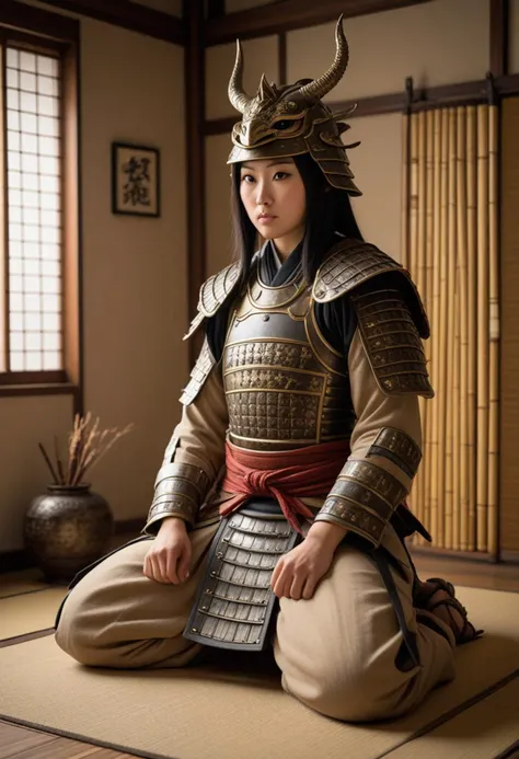 (medium full shot) of (transcendent samurai) korean young woman, voluptuous build, black hair, straight hair,  brown eyes, wearing a samurai armor, Iron-plated breastplate with dragon etchings, hemp samurai trousers, metal kabuto helmet with coiling dragon crest, leather waraji sandals, wielding a katana, set in the edo era, in  Meditation Chamber, Tranquil room with minimal decoration, small altar holding incense and candles, bamboo blinds filtering soft sunlight, zafu cushions for seating, silence pervading the space  , at night, laughing, jumping in the air, Masterpiece,best quality, photorealistic, amazing quality, very aesthetic, extremely detailed face,