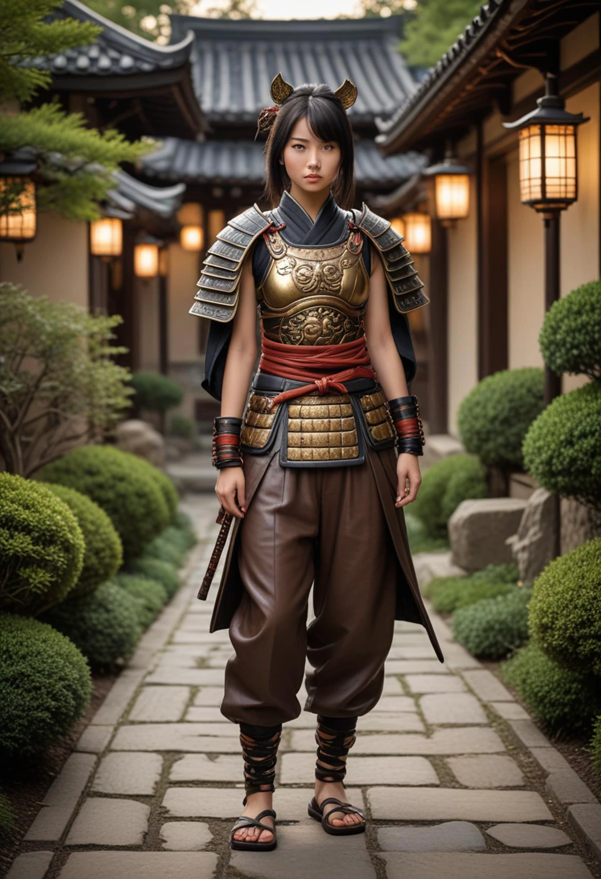 (medium full shot) of (resplendent samurai) chinese young woman, slim build, black hair, straight hair, brown eyes, wearing a samurai armor, Leather lamellar chest piece with tiger motif, samurai pants, metal kabuto helmet with menacing demon mask, leather waraji sandals, wielding a dai katana, set in the edo era, in Stone Lantern Pathway, Tranquil walkway lined with stone lanterns softly illuminating the path at night, bordered by meticulously trimmed shrubs and flowering plants, leading to secluded corners for quiet introspection , at sunset, surprised, open mouth, pointing her finger at the viewer, Masterpiece,best quality, photorealistic, amazing quality, very aesthetic, extremely detailed face,
