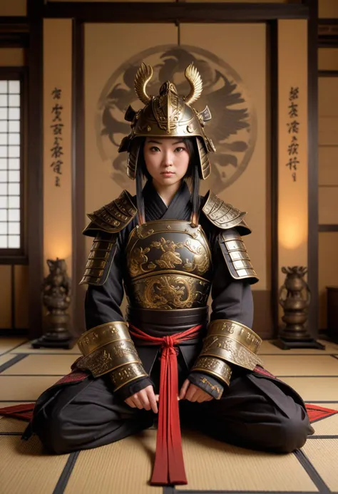 (medium full shot) of (otherworldly samurai) japanese young woman, tiny build, black hair, straight hair, dark brown eyes, wearing a samurai armor, Brass breastplate with phoenix motif, samurai pants, metal kabuto helmet with flaming phoenix crest, lacquered leather boots, wielding a katana, set in the edo era, in  Meditation Hall, Peaceful room with tatami flooring, shoji screens filtering soft sunlight, cushions arranged in a circle for group meditation, simple wooden altar with incense burning, calligraphy scrolls adorning the walls  , at sunset, surprised, open mouth, pointing her finger at the viewer, Masterpiece,best quality, photorealistic, amazing quality, very aesthetic, extremely detailed face,