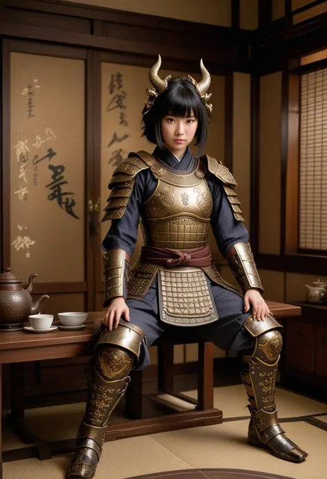 (medium full shot) of (celestial samurai) korean young woman, busty build, black hair, hime haircut, dark brown eyes, wearing a samurai armor, Bronze chest protector with dragon scale texture, samurai pants, metal kabuto helmet with coiling dragon crest, lacquered leather boots, wielding kanabo club, set in the edo era, in  Tea Room, Tatami flooring, low wooden table with cushions, sliding paper doors, decorative hanging scrolls, tea utensils neatly arranged on a tray , at night, laughing, arms crossed, Masterpiece,best quality, photorealistic, amazing quality, very aesthetic, extremely detailed face,