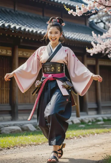 (medium full shot) of  (heavenly young woman:1.1) chinese samurai, black hair, hairbun, dark brown eyes, curvy,             wearing Steel breastplate with Sakura blossom relief, silk samurai hakama, metal kabuto helmet with cherry blossom crest, lacquered wooden zori sandals, wielding wakizashi, laughing, jumping in the air,  .set in  battlefield, Barracks, Wooden structures with straw roofs, soldiers sharpening blades under flickering torchlight, armor hanging from pegs, the distant sound of drums echoing through the night , at night. Masterpiece,best quality, photorealistic, amazing quality, very aesthetic, extremely detailed face,