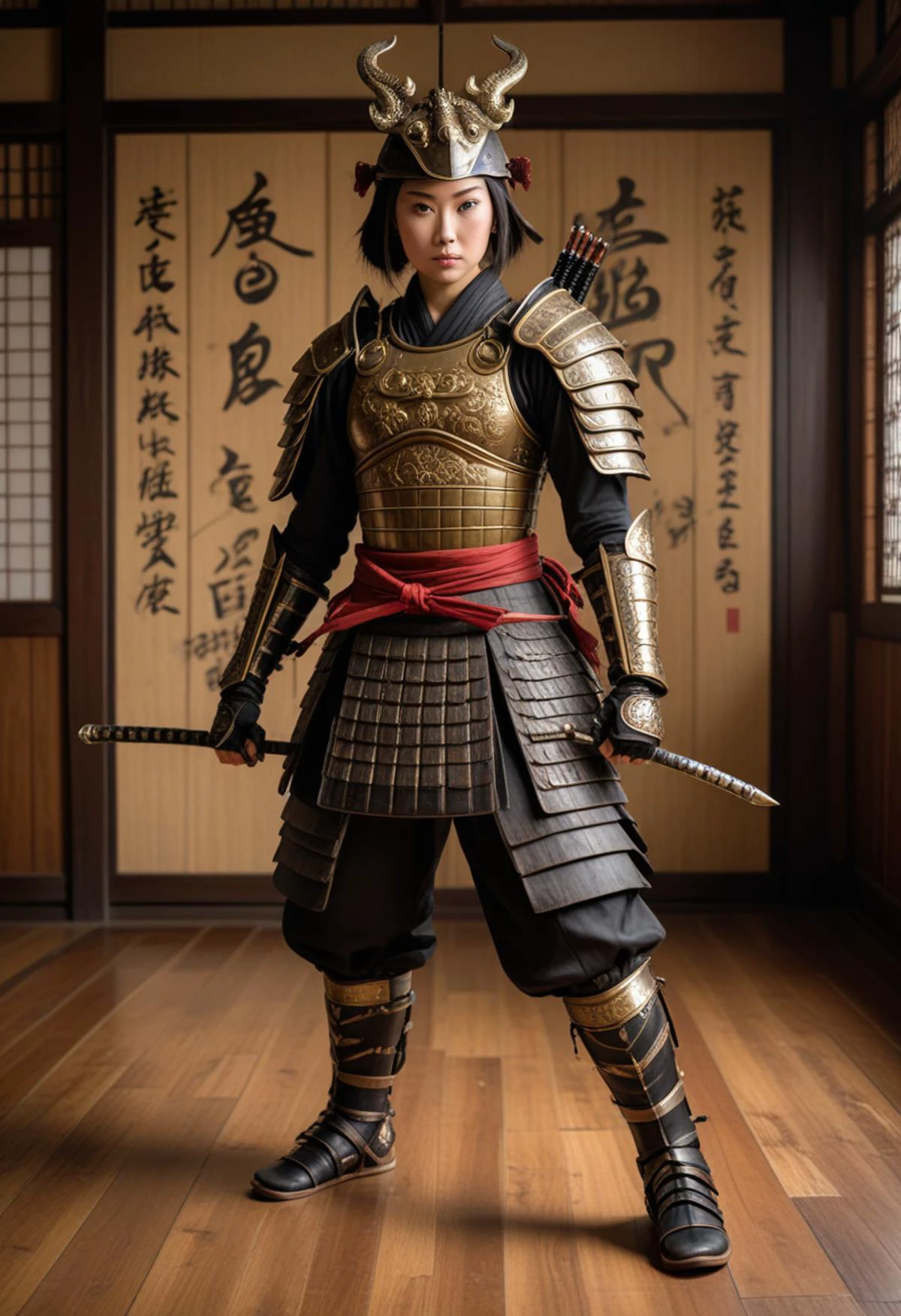 (medium full shot) of (radiant samurai) chinese young woman, voluptuous build, black hair, hairbun, dark brown eyes, wearing a samurai armor, Scale armor cuirass with phoenix design, samurai pants, metal kabuto helmet with intricate dragon ornamentation, lacquered leather zeta boots, wielding bow and arrows, set in the edo era, in Training Hall, Wooden floors worn smooth with use, bamboo training mats neatly rolled in a corner, walls adorned with calligraphy scrolls, weapons racks displaying various swords and staffs, the faint scent of incense lingering in the air , surprised, open mouth, running toward the viewer, Masterpiece,best quality, photorealistic, amazing quality, very aesthetic, extremely detailed face,