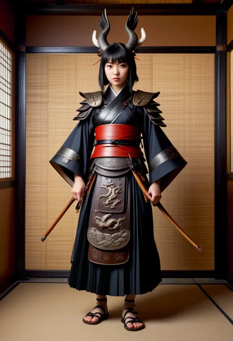 (medium full shot) of (otherworldly young woman:1.1) chinese samurai, black hair, hime haircut,  brown eyes, slender,             wearing Lacquered metal cuirass with embossed dragon motif, pleated silk hakama, lacquered kabuto helmet, lacquered wooden geta sandals, wielding yari spear, surprised, open mouth, pointing her finger at the viewer,  .set in  Archery Range, Long room with straw targets lining one wall, wooden bows resting on racks, arrows neatly organized in quivers, a faint smell of wood and leather, the occasional sound of an arrow hitting its mark echoing through the room , at sunset. ,Masterpiece,best quality, photorealistic, amazing quality, very aesthetic, extremely detailed face,