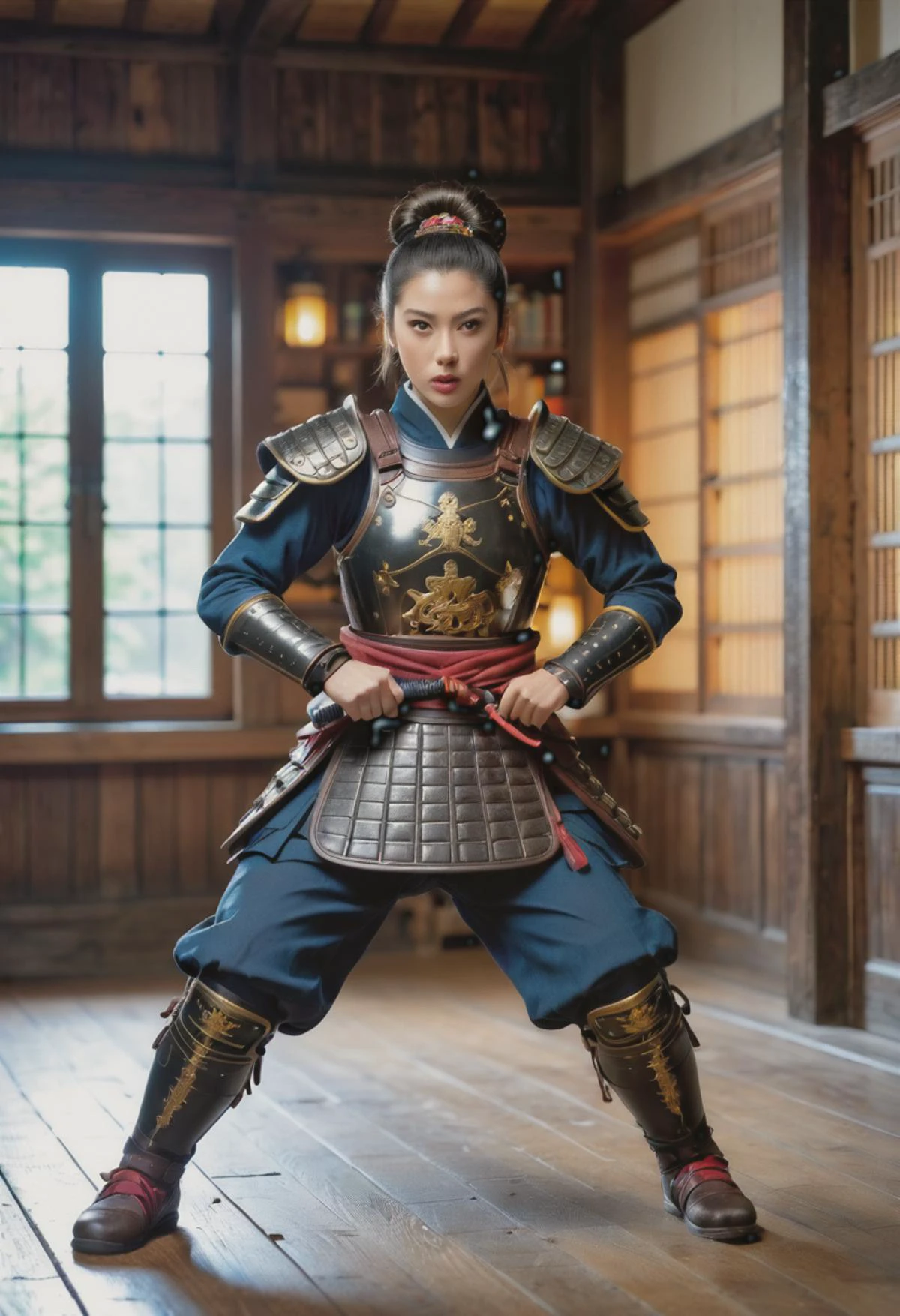 (medium full shot) of (divine young woman:1.1) japanese samurai, black hair, hairbun, brown eyes, curvy, wearing Armor vest with samurai crest, plated arm guards, plated shin guards, leather boots, helmet with crest and face guard, wielding kanabo club, surprised, open mouth, running toward the viewer, .set in Weaver's Workshop, Wooden building with large windows for natural light, looms and spinning wheels visible inside, shelves filled with colorful threads and fabrics , at night. Masterpiece,best quality, photorealistic, amazing quality, very aesthetic, extremely detailed face,