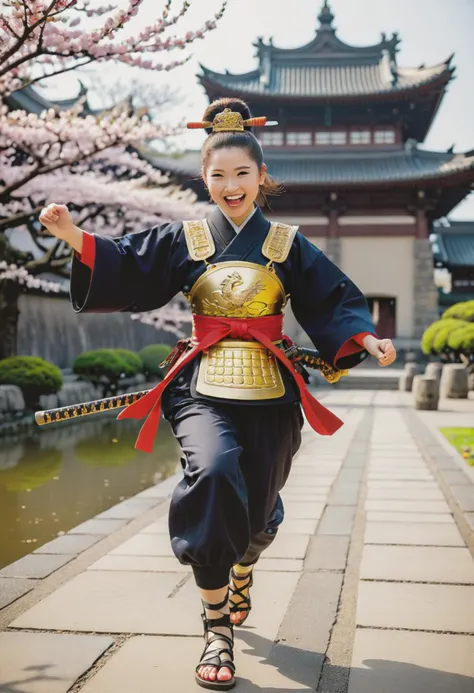 (medium full shot) of  (ineffable young woman:1.1) chinese samurai, black hair, hairbun,  brown eyes, petite,             wearing Brass breastplate with phoenix motif, wool monpei trousers, metal kabuto helmet with flaming phoenix crest, metal tabi socks with lacquered wooden setta sandals, wielding a katana, laughing, jumping in the air,  .set in  edo castle Courtyard, Expansive open space with meticulously manicured gardens, cherry blossom trees in full bloom, a koi pond with a wooden bridge, stone lanterns lining the paths, the faint sound of flowing water from a fountain , at night. Masterpiece,best quality, photorealistic, amazing quality, very aesthetic, extremely detailed face,