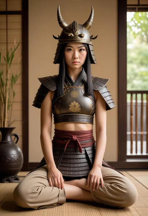 (medium full shot) of (resplendent samurai) japanese young woman, willowy build, black hair, straight hair, dark brown eyes, wearing a samurai armor, Iron-plated chestplate with lotus flower engravings, hemp kyahan leggings, metal kabuto helmet with horned oni mask, leather waraji sandals, wielding a dai katana, set in the edo era, in  Meditation Chamber, Tranquil room with minimal decoration, small altar holding incense and candles, bamboo blinds filtering soft sunlight, zafu cushions for seating, silence pervading the space  , at sunset, laughing, squatting, Masterpiece,best quality, photorealistic, amazing quality, very aesthetic, extremely detailed face,