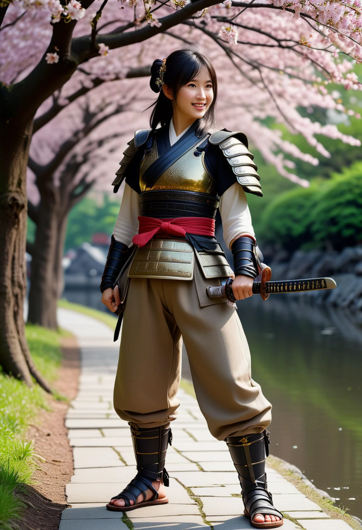 (medium full shot) of (seraphic young woman:1.1) japanese samurai, black hair, straight hair, brown eyes, slender, wearing Bronze chest protector with dragon scale texture, linen monpe trousers, metal kabuto helmet with coiling dragon crest, metal tabi socks with lacquered wooden setta sandals, wielding a katana, laughing, arms crossed, .set in Cherry Blossom Grove, Serene, with delicate pink petals drifting in the gentle breeze, ancient cherry trees standing tall, a winding stone path leading through the grove, a tranquil pond reflecting the blossoms, the faint scent of sakura in the air , at night. ,Masterpiece,best quality, photorealistic, amazing quality, very aesthetic, extremely detailed face,