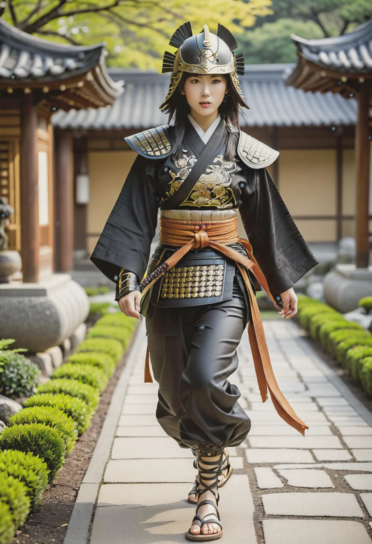 (medium full shot) of (transcendent young woman:1.1) korean samurai, black hair, straight hair, brown eyes, slender, wearing Leather lamellar armor adorned with falcon design, cotton samurai pants, metal kabuto helmet with falcon feather ornamentation, woven straw waraji sandals, wielding wakizashi, surprised, open mouth, running toward the viewer, .set in Zen Garden, Serene space with raked gravel arranged in intricate patterns, meticulously pruned bonsai trees, stone lanterns, wooden benches for meditation, tranquil pond with koi fish . Masterpiece,best quality, photorealistic, amazing quality, very aesthetic, extremely detailed face,