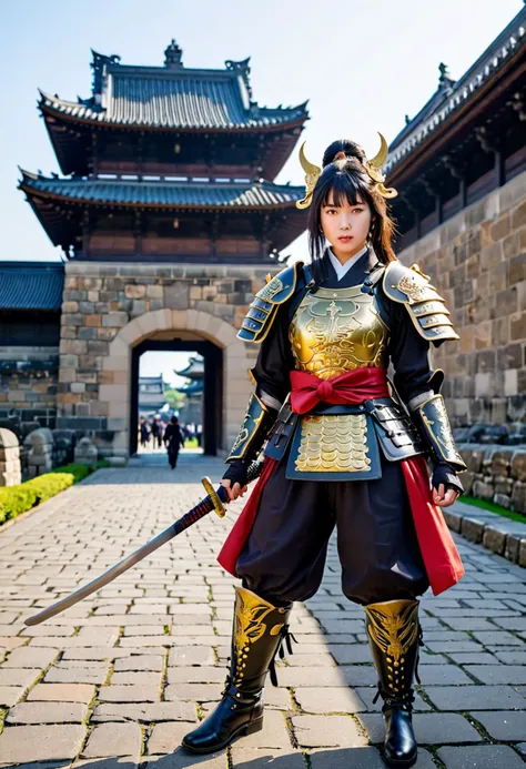 (medium full shot) of  (otherworldly young woman:1.1) korean samurai, black hair, hime haircut,  brown eyes, petite,             wearing a samurai armor, Brass breastplate with phoenix motif, samurai pants, metal kabuto helmet with flaming phoenix crest, lacquered leather boots, wielding a katana, surprised, open mouth, pointing her finger at the viewer,  .set in  edo castle Main Gate, Towering wooden gates flanked by stone walls, guards stationed on either side, lanterns casting a warm glow, banners fluttering in the breeze, a moat shimmering below , at night, Masterpiece,best quality, photorealistic, amazing quality, very aesthetic, extremely detailed face,