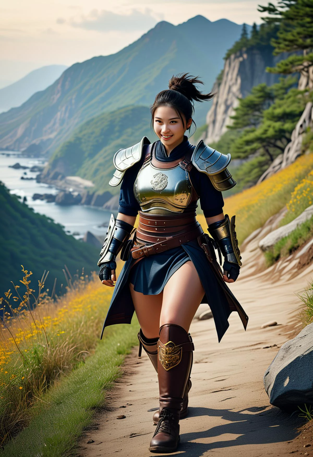 (medium full shot) of (otherworldly young woman:1.1) japanese samurai, black hair, hairbun, dark brown eyes, curvy, wearing Leather cuirass with fierce tiger design, leather tassets, leather boots with metal plating, iron kabuto helmet, shuriken laughing, jumping in the air, .set in Mountain Pass, Winding trail through rugged terrain, towering cedar trees shading the path, wildflowers blooming along the rocky slopes, distant sound of rushing waterfalls, panoramic view of the coastline far below , at sunset, ,Masterpiece,best quality, photorealistic, amazing quality, very aesthetic, extremely detailed face,