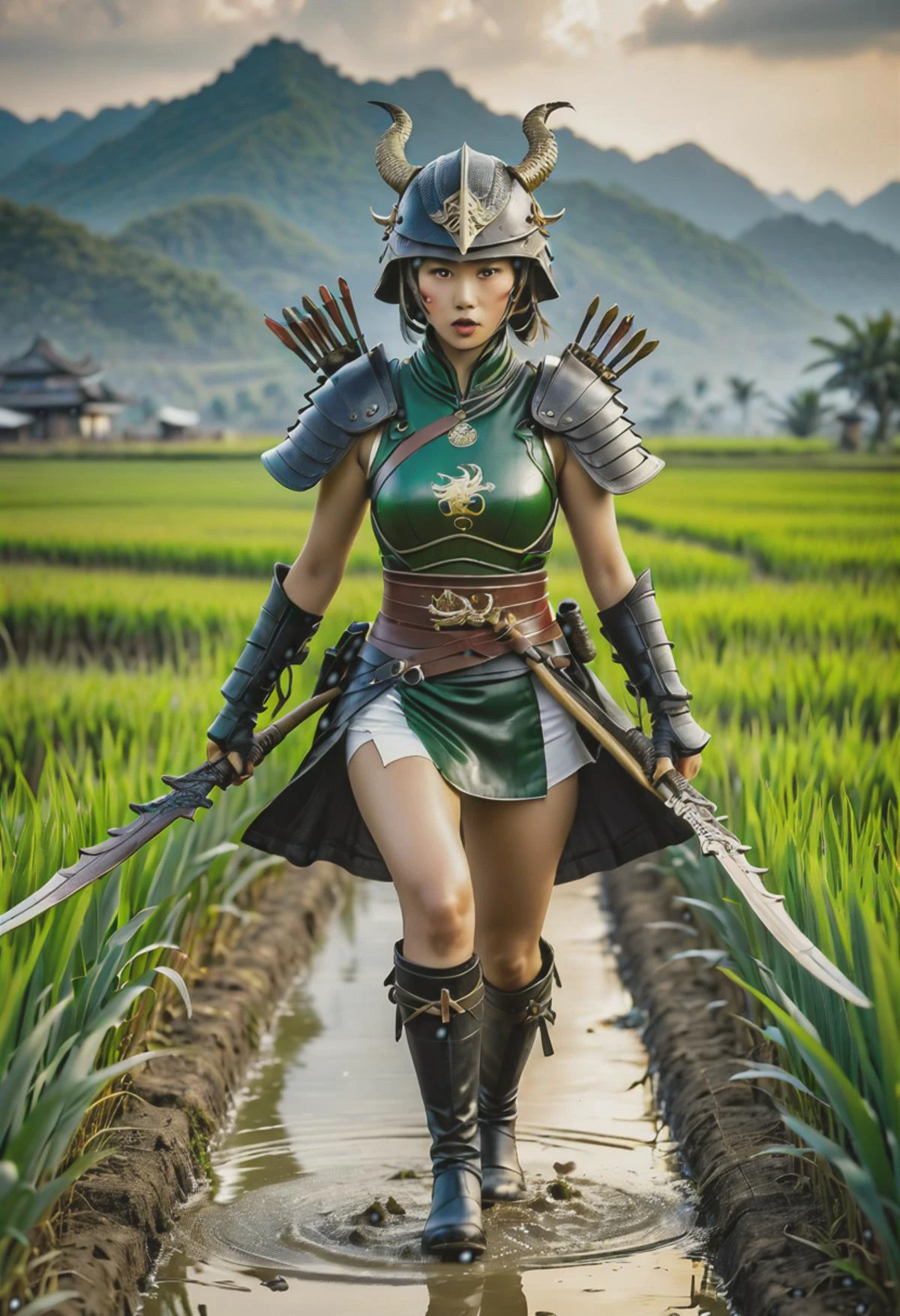 (medium full shot) of (ineffable young woman:1.1) chinese samurai, black hair, hairbun, dark brown eyes, petite, wearing Leather chest plate with dragon motif, leather bracers, leather boots with metal accents, leather helmet with visor, wielding bow and arrows, surprised, open mouth, running toward the viewer, .set in Rice Paddy Fields, Vast expanse of flooded terraces, vibrant green shoots swaying in the breeze, farmers in straw hats tending to the fields, distant mountains framing the horizon, sound of water trickling between the paddies . Masterpiece,best quality, photorealistic, amazing quality, very aesthetic, extremely detailed face,