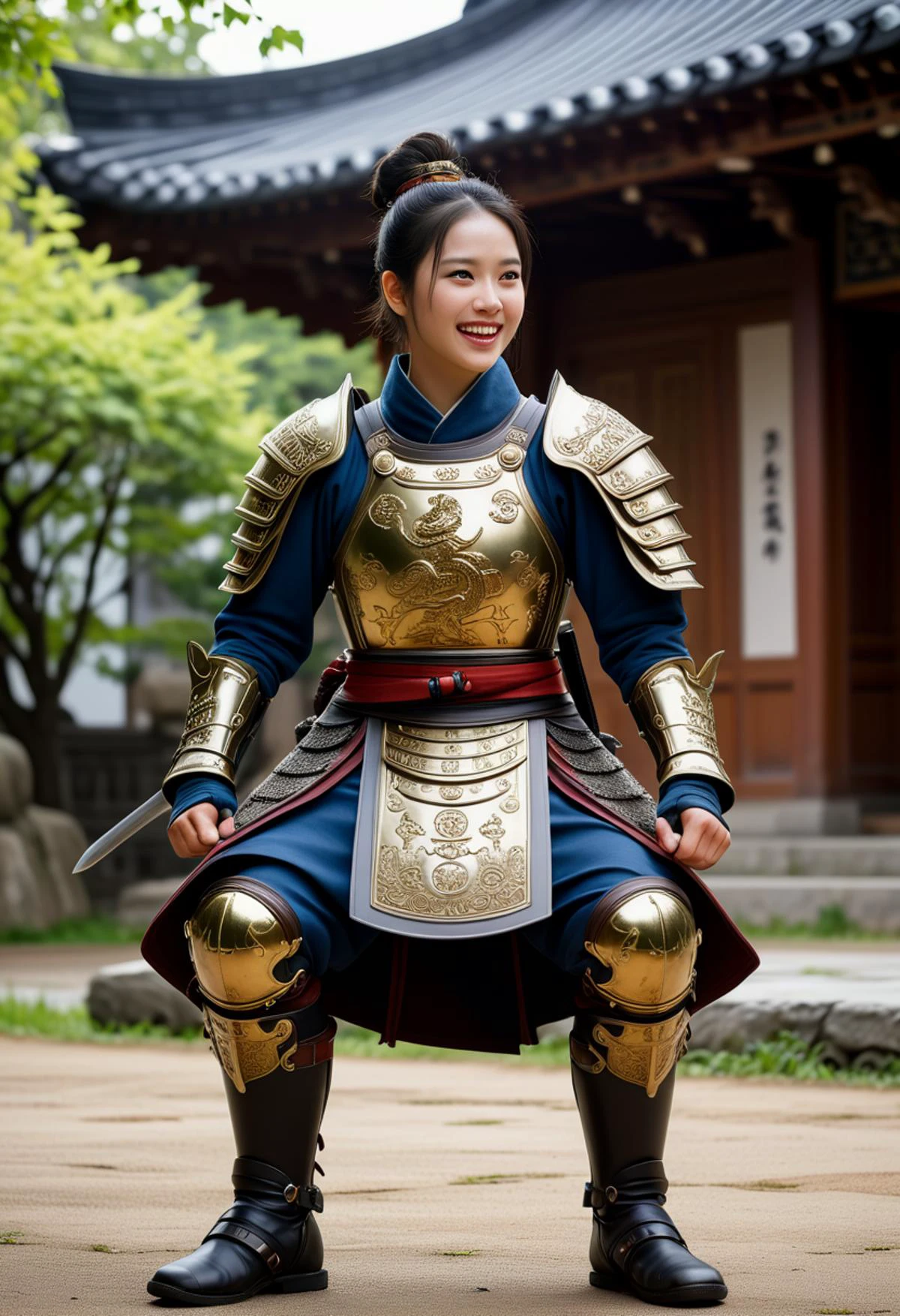 (medium full shot) of (divine young woman:1.1) korean samurai, black hair, hairbun, brown eyes, petite, wearing Ornate armor breastplate with engraved dragon, armored greaves, lacquered leather boots, helmet with face mask, yari spear laughing, arms crossed, .set in Temple Grounds, Serene garden with gravel paths, stone lanterns, lush foliage, wooden benches for meditation, small pagoda housing religious relics , ,Masterpiece,best quality, photorealistic, amazing quality, very aesthetic, extremely detailed face,