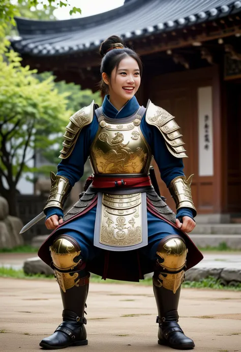 (medium full shot) of (divine young woman:1.1) korean samurai, black hair, hairbun,  brown eyes, petite,             wearing Ornate armor breastplate with engraved dragon, armored greaves, lacquered leather boots, helmet with face mask, yari spear laughing, arms crossed,  .set in  Temple Grounds, Serene garden with gravel paths, stone lanterns, lush foliage, wooden benches for meditation, small pagoda housing religious relics  , ,Masterpiece,best quality, photorealistic, amazing quality, very aesthetic, extremely detailed face,