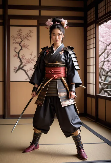 (medium full shot) of (ineffable samurai) japanese young woman, curvy build, black hair, hairbun,  brown eyes, wearing a samurai armor, Steel and leather breastplate, samurai pants, metal kabuto helmet with cherry blossom crest, lacquered leather boots, wielding yari spear, set in the edo era, in  Tea House, Traditional building with tatami mat flooring, sliding paper doors, low wooden tables and cushions for seating, bamboo tea whisk, delicate ceramic tea sets, serene alcove displaying seasonal flowers , surprised, open mouth, running toward the viewer, Masterpiece,best quality, photorealistic, amazing quality, very aesthetic, extremely detailed face,