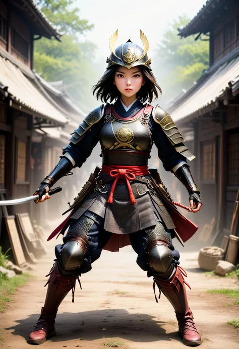 (medium full shot) of (graceful young woman:1.1) korean samurai, black hair, straight hair, dark brown eyes, slender,             wearing a samurai armor, Chainmail dou with engraved family crest, samurai pants, metal kabuto helmet with elaborate crest, lacquered leather boots, wielding a dai katana, surprised, open mouth, running toward the viewer,  .set in  battlefield, Command Tent, Canvas flaps billowing, maps spread across a wooden table, flickering lanterns casting shadows on strategists huddled in discussion, the scent of ink and parchment lingering in the air , at night, ,Masterpiece,best quality, photorealistic, amazing quality, very aesthetic, extremely detailed face,