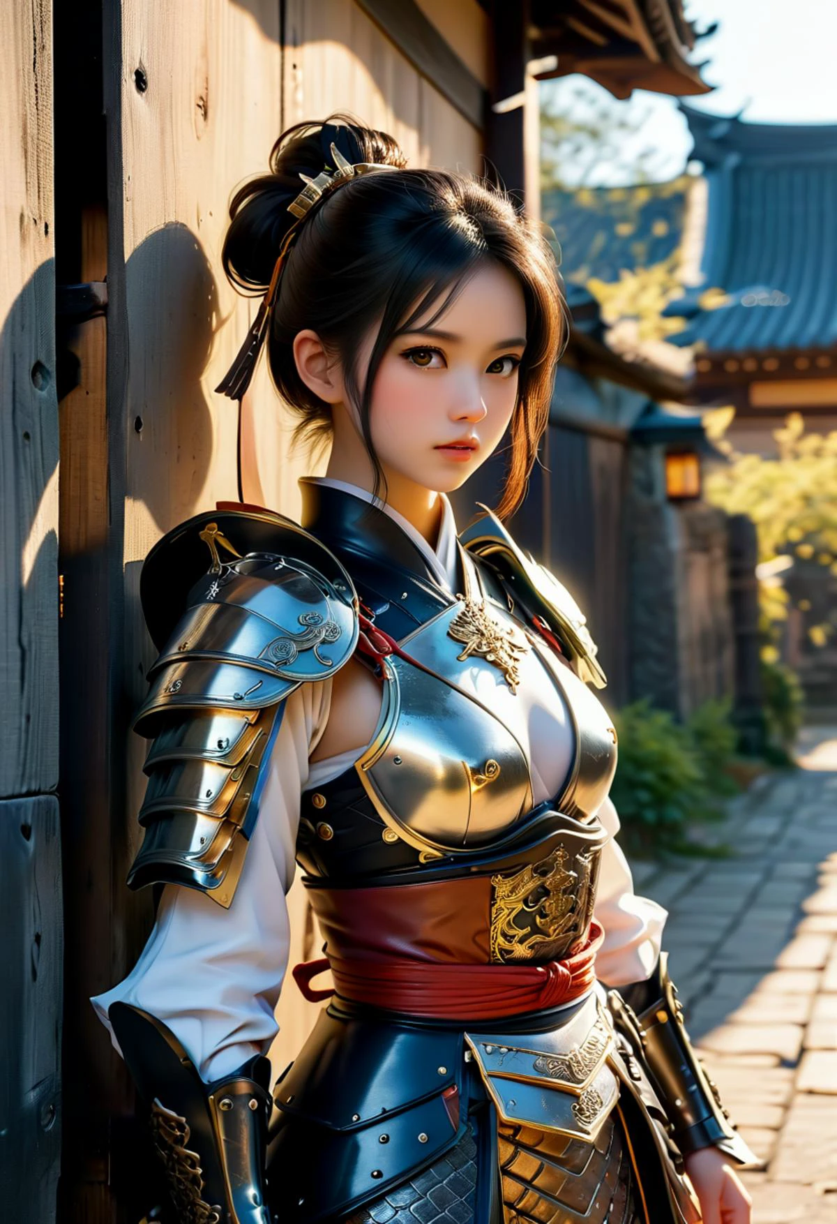(medium full shot) of (divine young woman:1.1) japanese samurai, black hair, hairbun, brown eyes, petite, wearing Leather chest plate with dragon scale pattern, leather bracers, leather boots with metal accents, leather helmet with visor, kanabo club surprised, open mouth, pointing her finger at the viewer, .set in edo castle Main Gate, Towering wooden gates flanked by stone walls, guards stationed on either side, lanterns casting a warm glow, banners fluttering in the breeze, a moat shimmering below , at sunset, ,Masterpiece,best quality, photorealistic, amazing quality, very aesthetic, extremely detailed face,